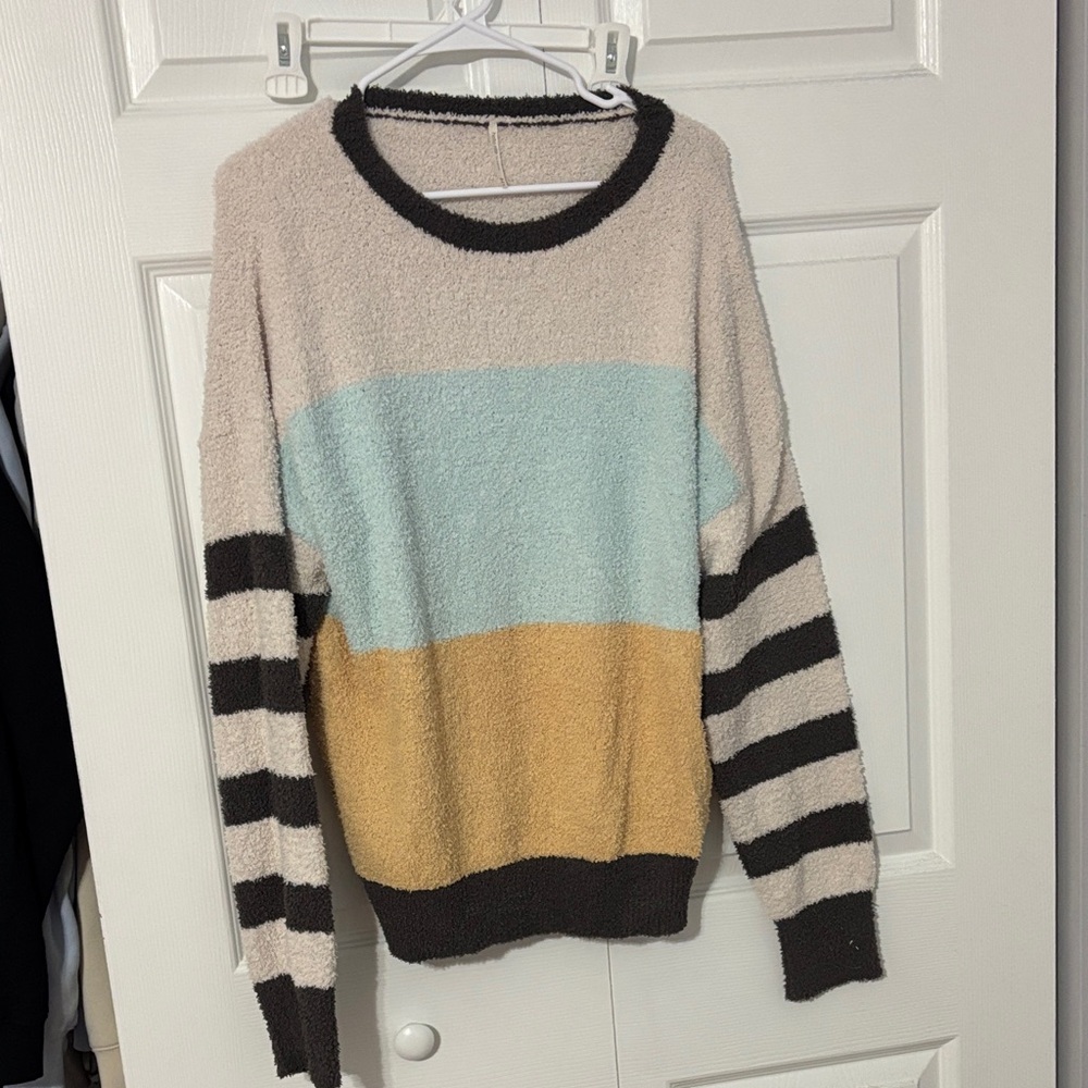 Cozy Striped Colorblock Crewneck Sweater - Beige, Light Blue & Mustard
